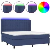 Syfax Cama box spring colchón y luces LED tela azul 180x200 cm
