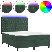 Syfax Cama box spring colchón y LED terciopelo verde oscuro 140x190cm