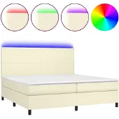 Syfax Cama box spring colchón y LED cuero sintético crema 200x200 cm