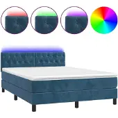 Syfax Cama box spring colchón y LED terciopelo azul oscuro 140x200 cm