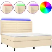 Syfax Cama box spring colchón y luces LED tela crema 160x200 cm