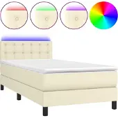 Syfax Cama box spring y colchón LED cuero sintético crema 90x190 cm