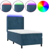 Syfax Cama box spring colchón y LED terciopelo azul oscuro 90x200 cm