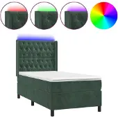 Syfax Cama box spring colchón y LED terciopelo verde oscuro 80x200 cm