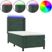 Syfax Cama box spring colchón y LED terciopelo verde oscuro 80x200 cm