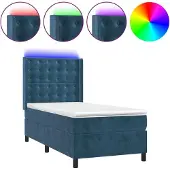 Syfax Cama box spring colchón y LED terciopelo azul oscuro 90x190 cm