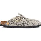 Birkenstock para mujer. 1033086 Zuecos de Piel Boston (Ajuste Estrecho) beige (38), Plano, Ante, Ninguno, Casual, Animal print,