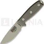 ESEE Model 3, serrated, desert tan, green plastic sheath