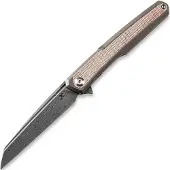 Kansept Knives Navaja Arcus Framelock Damascus, Bronze Ti/Brown Micarta