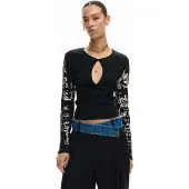 Desigual , Camiseta abertura lettering, Algodon, Negro, XL