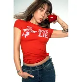 Desigual , Camiseta ajustada Boys Lie, Mujer, Algodon, Rojo, XS