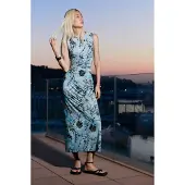 Desigual , Vestido midi flocado, Mujer, Poliester, Azul, XL