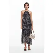 Desigual , Vestido halter ilustraciones flores, Poliester, Negro, XS