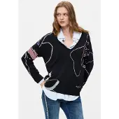 Desigual , Jersey estampado punto fino, Mujer, Negro, XL