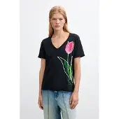Desigual , Camiseta Estampado Floral 100% Algodón, Mujer, Algodon, Negro, L