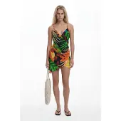 Desigual , Vestido corto tropical, Viscosa, Negro, L
