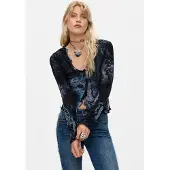 Desigual , Camiseta flocada, Mujer, Azul, S
