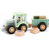 New Classic Toys : Tractor de madera con remolque y verduras