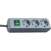 Brennenstuhl Regleta de enchufes Eco-Line, con interruptor, 3 enchufes, color gris plateado, 1,5 metros, cable H05VV-F 3G1,5, referencia 1152340015