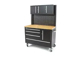 HBM banco de trabajo 122 cm con 4 cajones, pared de armario y panel trasero, encimera de madera, negro