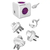 Allocacoc PowerCube ReWirable con USB, 1 metro, tipo F, morado, blanco, 4 enchufes de corriente alterna, 6 A, blanco