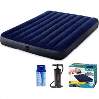 Intex Classic Dura-Beam: Colchón inflable doble, con kit de reparación y bomba manual, 203x152x25 cm, PVC, color azul
