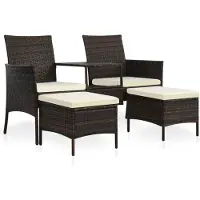 vidaXL Sofá de jardín de 2 plazas con mesa y taburete, tejido de polirratán, color marrón