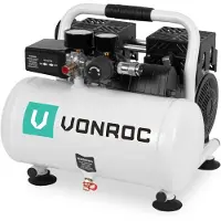 Vonroc Compresor de aire silencioso - 57,5dB | 6 Lt - Sin aceite - 750W - Blanco