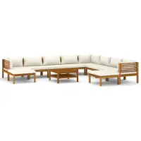 vidaXL Juego de jardín de 11 piezas con cojines color crema, fabricado en madera de acacia maciza