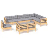 vidaXL Juego de jardín de 10 piezas con cojines grises, fabricado en madera maciza de pino