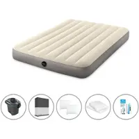 Intex Colchón inflable - 2 plazas - 137 x 191 x 25 cm - Beige + Bomba eléctrica - 650 litros/minuto + Sábana ajustable negra + Almohada + Fundas de almohada de molton 2 en 1 + Kit de reparación