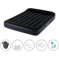 Intex Colchón inflable - 2 plazas - 137 x 191 x 25 cm - Negro + Bomba eléctrica - 650 litros/minuto + Sábana ajustable blanca + Almohada + Fundas de almohada de molton 2 en 1 + Kit de reparación