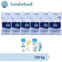 Comfortpool Paquete de sal para piscina - 120 kg (6 x 20 kg) y kit de reparación y tiras de prueba de WAYS
