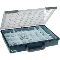 Raaco Caja de compartimentos , modelo A.Pp 15, con 15 compartimentos. Dimensiones: 338 mm de ancho x 261 mm de profundidad x 57 mm de alto. Resistente a golpes