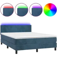 vidaXL Cama con somier y colchón, con iluminación LED, color azul oscuro, 140x190 cm, tapizada en terciopelo