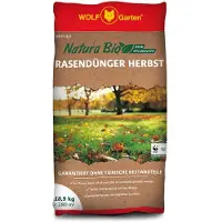 Wolf-Garten WOLF Natura : Fertilizante orgánico para césped, ideal para otoño, compuesto únicamente por ingredientes vegetales, 100% naturales. Contenido: 18,9 kg. Cobertura: 280 m²