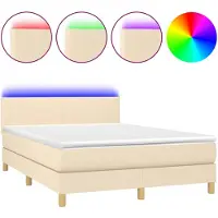 vidaXL Cama con somier y colchón, con iluminación LED, color crema, 140x200 cm, tapizada en tela