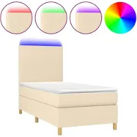 vidaXL Cama con somier y colchón, con iluminación LED, color crema, 100x200 cm, tapizada en tela