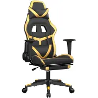 vidaXL Silla de gaming de con masaje y reposapiés, color negro y detalles dorados, tapizada en cuero sintético