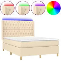 vidaXL Cama con somier y colchón, con iluminación LED, color crema, 140x190 cm, tapizada en tela