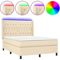 vidaXL Cama con somier y colchón, con iluminación LED, color crema, 140x190 cm, tapizada en tela