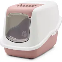 Savic Nestor, blanco y rosa - Arenero cerrado para gatos - 56x39x38 cm - 1 unidad