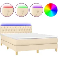 vidaXL Cama con somier y colchón, con iluminación LED, color crema, 140x190 cm, tapizada en tela