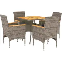 vidaXL Juego de mesa de jardín de 5 piezas con cojines, color gris, fabricado en ratán sintético y con patas de acacia