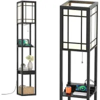 Costway Lámpara de pie con estantería de 3 niveles, 2 puertos USB, lámpara de pie de madera con casquillo E27, 160x26x26 cm