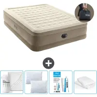 Intex Colchón hinchable - Para 2 personas - 152 x 203 x 46 cm - Beige - Con bomba integrada, sábana ajustable blanca, almohada, fundas de almohada de molton 2 en 1 y kit de reparación