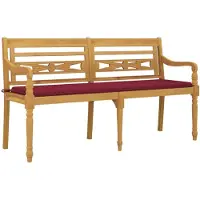 vidaXL Banco de jardín Batavia con cojín color burdeos, 150 cm, fabricado en madera de teca maciza