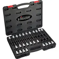 Vigor Juego de puntas para destornillador V1918, 1/2", sistema XZN, 26 piezas, para tornillos M5 a M16. Cantidad: 26