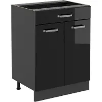 Vicco Mueble bajo de cocina R-Line Negro brillo intenso 60 cm con cajón, sin encimera, Model 41060