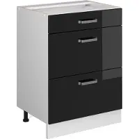 Vicco Mueble bajo de cocina R-Line Negro brillo intenso 60 cm con cajones, sin encimera, Model 41149